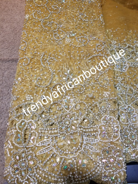 Ready to ship! Bonus sale Gold VIP/Celebrant  Madam Net George wrapper for Nigerian Bridal outfit. All over hand  beaded/crystal stoned 2.5yds+ 2.5yds net + 1.8yds net for blouse + Gold Bedazzled aso-oke gele.  Quality stone work for special occasion