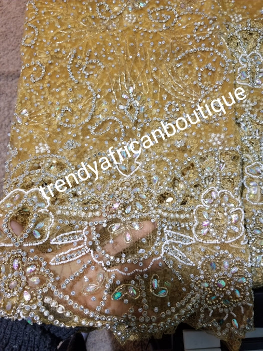 Ready to ship! Bonus sale Gold VIP/Celebrant  Madam Net George wrapper for Nigerian Bridal outfit. All over hand  beaded/crystal stoned 2.5yds+ 2.5yds net + 1.8yds net for blouse + Gold Bedazzled aso-oke gele.  Quality stone work for special occasion