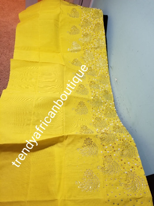 New arrival beautiful sweet yellow  Bedazzled Aso-oke Gele headtie.  4 wide for making  bigger gele. classic Latest design of Nigerian Traditional aso-oke. Original aso-oke + Stone work. Hand weave in Nigeria for best quality 72" long by 26" wide