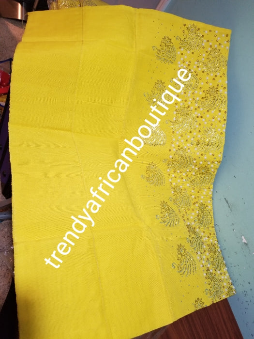 New arrival beautiful sweet yellow  Bedazzled Aso-oke Gele headtie.  4 wide for making  bigger gele. classic Latest design of Nigerian Traditional aso-oke. Original aso-oke + Stone work. Hand weave in Nigeria for best quality 72" long by 26" wide