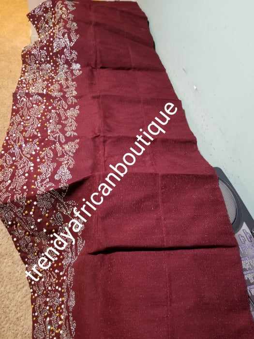 New arrival beautiful Burgundy Bedazzled Aso-oke Gele headtie.  4 wide for making  bigger gele. classic Latest design of Nigerian Traditional aso-oke. Original aso-oke + Stone work. Hand weave in Nigeria for best quality 72" long by 26" wide