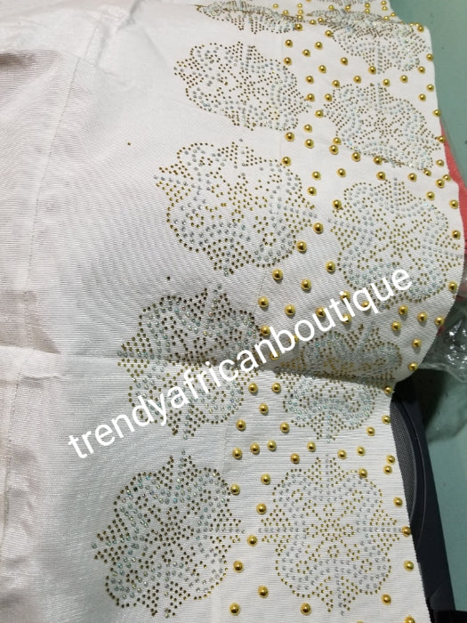 Classic  White Bedazzled aso-oke, Nigerian woven traditional Aso-oke for making beautiful head wrap. Beaded + Gold Swarovski stones work for perfect headwrap finish. Gele only. Extra wide gele for bigger head wrap. 72" long × 26" wide
