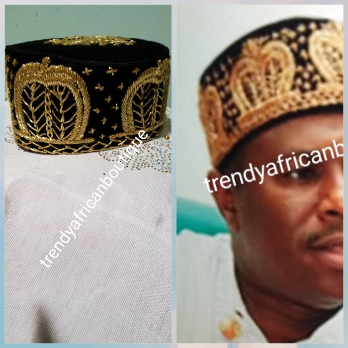 Cap for the Royals!! Black Igbo Traditional cap (Aka Cap) for ceremonial dress. Men-cap in black suede with gold embroidery. Available in 3 sizes 22, 23,  24 & 25
