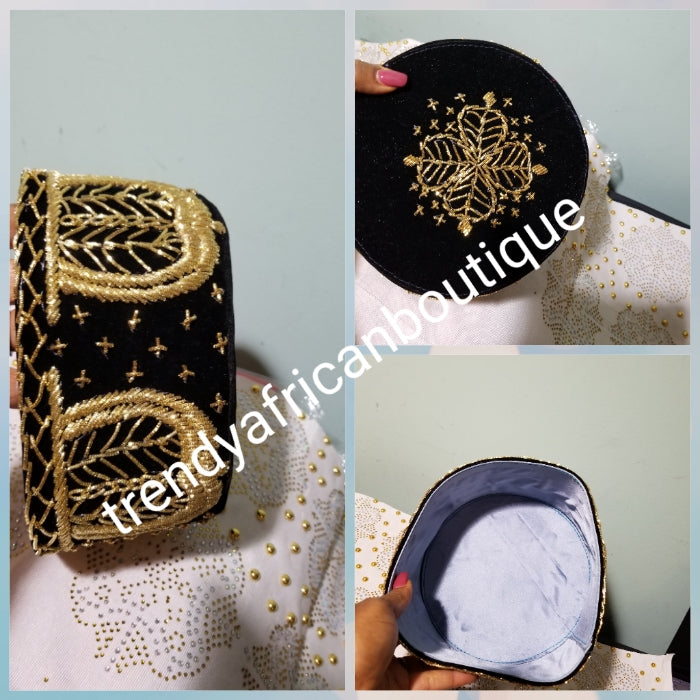 Cap for the Royals!! Black Igbo Traditional cap (Aka Cap) for ceremonial dress. Men-cap in black suede with gold embroidery. Available in 3 sizes 22, 23,  24 & 25