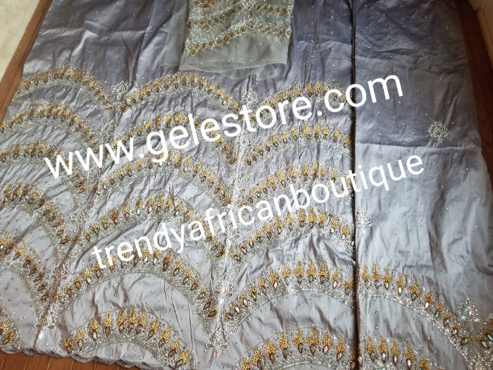 Ready to ship:  Exclusive design ash/Gray Color VIP hand beaded and stoned Nigerian traditional Celebrant in quality taffeta Silk George wrapper with matching blouse. Niger/Delta/Igbo women Georges. Sold as set of 2 wrapper +1.8yds blouse.