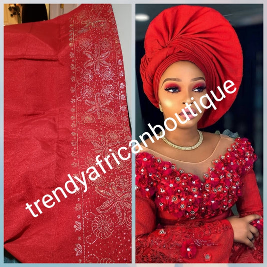 Beautiful tomato Red aso-oke. Nigerian traditional Aso-oke  for making head wrap. Hand woven and beaddazzled with crystal stones and beads at the border for perfect headwrap finish. Gele only. Extra wide gele for bigger head wrap. 72" long × 26" wide