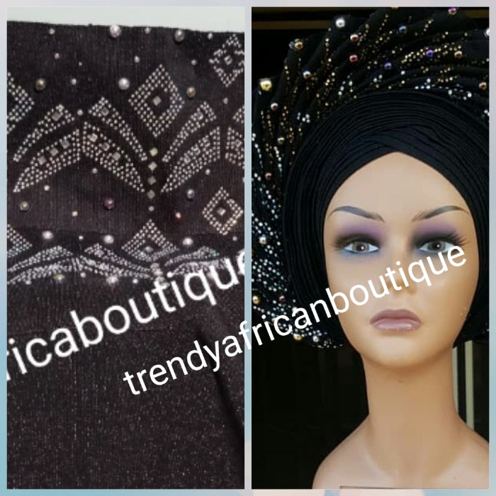 Black aso-oke gele beaddazzled with crystals stones and white pearls. Sold as Gele only. Nigerian Traditional Aso-oke head wrap. Buy gele only or Gele+ black fila for making hubby cap