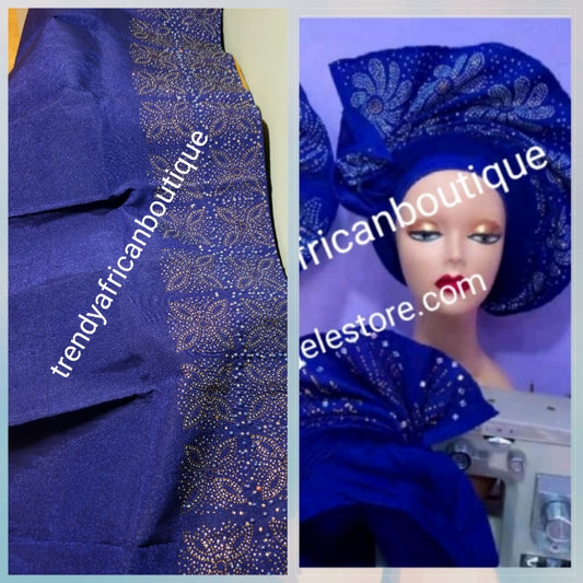 Sale:Royal blue aso-oke. Nigerian traditional Aso-oke for making head wrap. Hand woven and beaddazzled with crystal stones and beads at the border for perfect headwrap finish. Gele only. Extra wide gele for bigger head wrap. 72" long × 26" wide