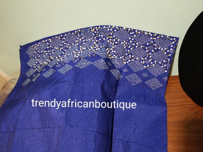 Sale:Royal blue aso-oke. Nigerian traditional Aso-oke for making head wrap. Hand woven and beaddazzled with crystal stones and beads at the border for perfect headwrap finish. Gele only. Extra wide gele for bigger head wrap. 72" long × 26" wide