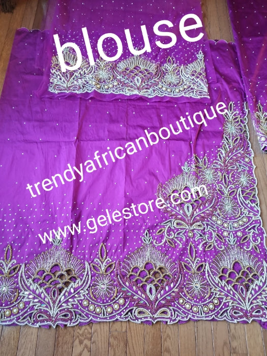 Magenta VIP Hand  beaded and crystal Stoned Silk George wrapper, champagne net for blouse.  Nigerian, Igbo/Delta traditional wedding out fit. Sold as full 2.5yds with side border design + 2.5yds + 1.8yds matching net for blouse. Quality taffeta silk!