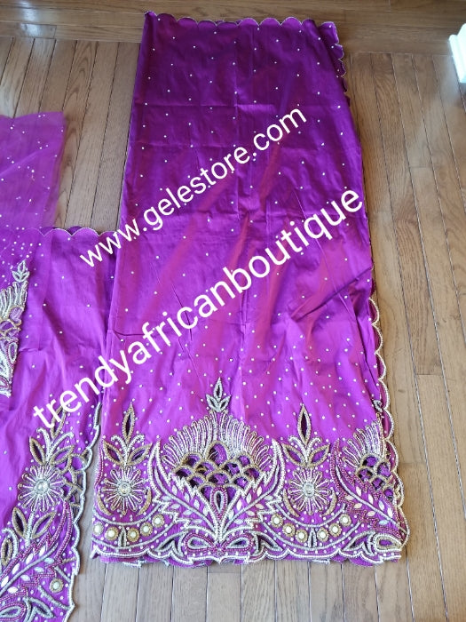 Magenta VIP Hand  beaded and crystal Stoned Silk George wrapper, champagne net for blouse.  Nigerian, Igbo/Delta traditional wedding out fit. Sold as full 2.5yds with side border design + 2.5yds + 1.8yds matching net for blouse. Quality taffeta silk!