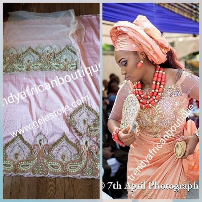 Peach VIP Hand beaded and crystal Stoned Silk George wrapper, champagn ...