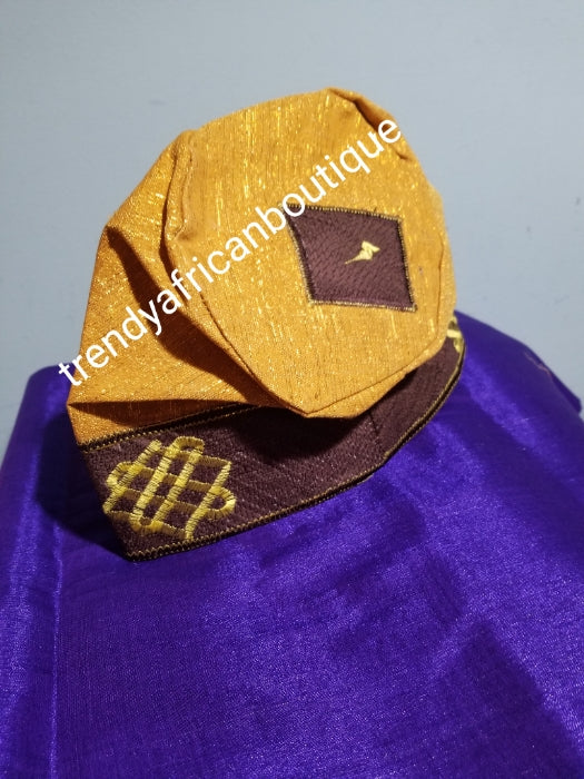Gold/chocolate Agbada men-Cap for Nigerian men Native wear. Made with Aso-oke with embroidery border. Size 24" head circumference