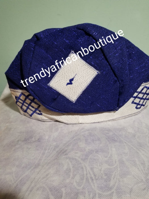 New arrival Roal blue/white Agbada men-Cap for Nigerian men Native wear. Made with Aso-oke with embroidery border. Size 24"  head circumference