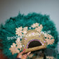 Large Teal Green color, Nigerian  made fluffy Feather hand fan. Hand made same front and back design with gold handle and 2 drop tassels  Bridal-accessories design with beads and flower petal.