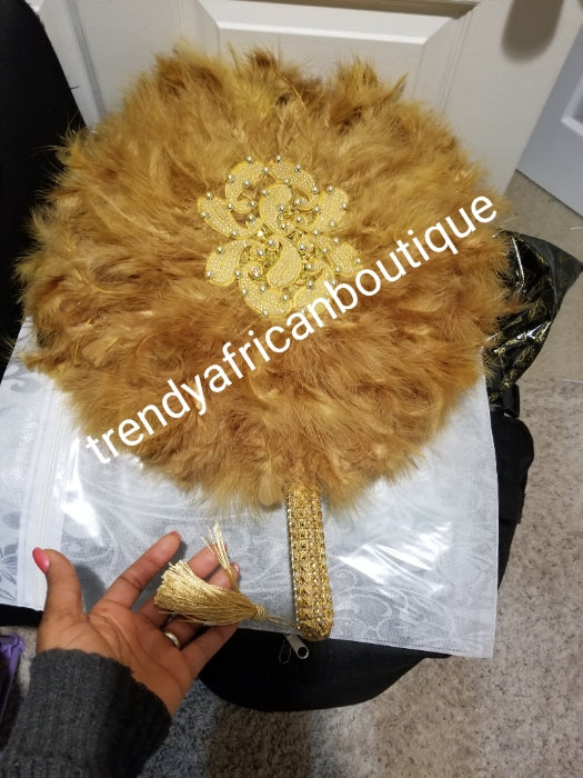 GOLD color, Nigerian hand made Feather hand fan. Custom made, front design with gold handle and tassel. medium size hand fan Nigerian Bridal-accessories design with beads and flower petal. 22" long x17" wide