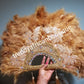 Large feather hand fan in beautiful Gold. Bridal Accessories hand fan for celebrant. Fluffy feathers  with handle and 2 drop tassels, flower petals and stone work