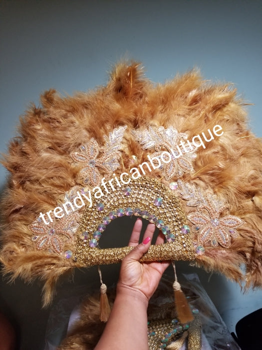 Large feather hand fan in beautiful Gold. Bridal Accessories hand fan for celebrant. Fluffy feathers  with handle and 2 drop tassels, flower petals and stone work
