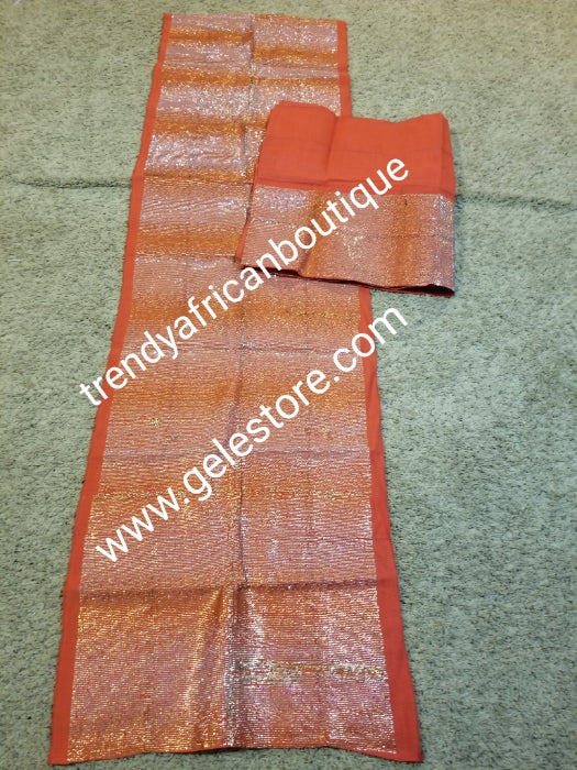 Special offer: Exclusive coral million stoned Beaddazzled Aso-oke set. 4pc wide Gele with 82" long Ipele (shoulder shawl). Sold as a set. Price is for set. Nigerian Celebrant Aso-oke from Nigeria. Can be made any color of your choice