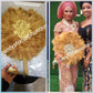 GOLD color, Nigerian hand made Feather hand fan. Custom made, front design with gold handle and tassel. medium size hand fan Nigerian Bridal-accessories design with beads and flower petal. 22" long x17" wide