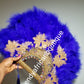Large Royal blue/gold color, Nigerian  made fluffy Feather hand fan. Hand made same front and back design with gold handle, 2 drop tassels and gold petals and beads  Bridal-accessories design with beads and flower petal.