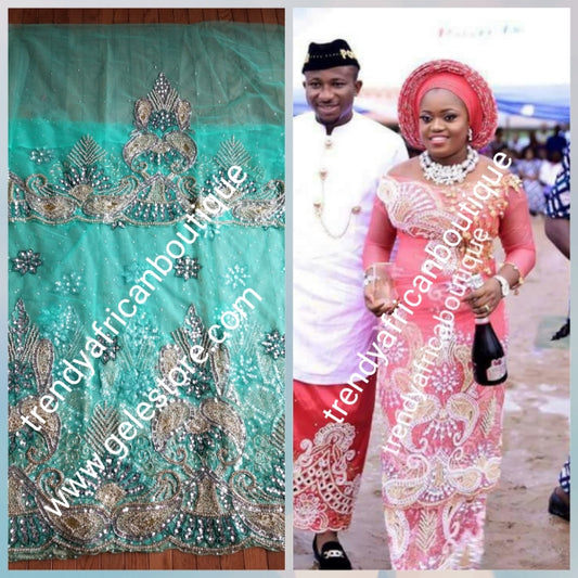 Ready to ship: classic Mint Green color VIP Madam Net George wrapper for Nigerian Bridal outfit. All over beaded/crystal stoned 2.5yds+ 2.5yds net + 1.8yds matching net for blouse. Sold as a set. Nigeria traditional weddings/event