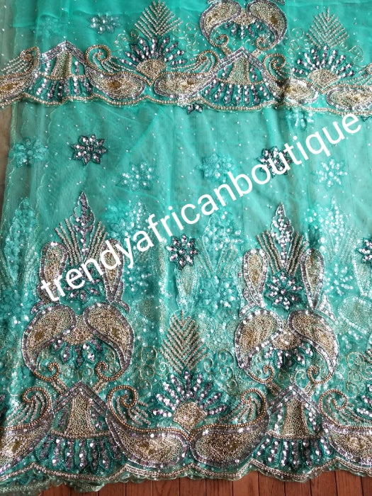 Ready to ship: classic Mint Green color VIP Madam Net George wrapper for Nigerian Bridal outfit. All over beaded/crystal stoned 2.5yds+ 2.5yds net + 1.8yds matching net for blouse. Sold as a set. Nigeria traditional weddings/event