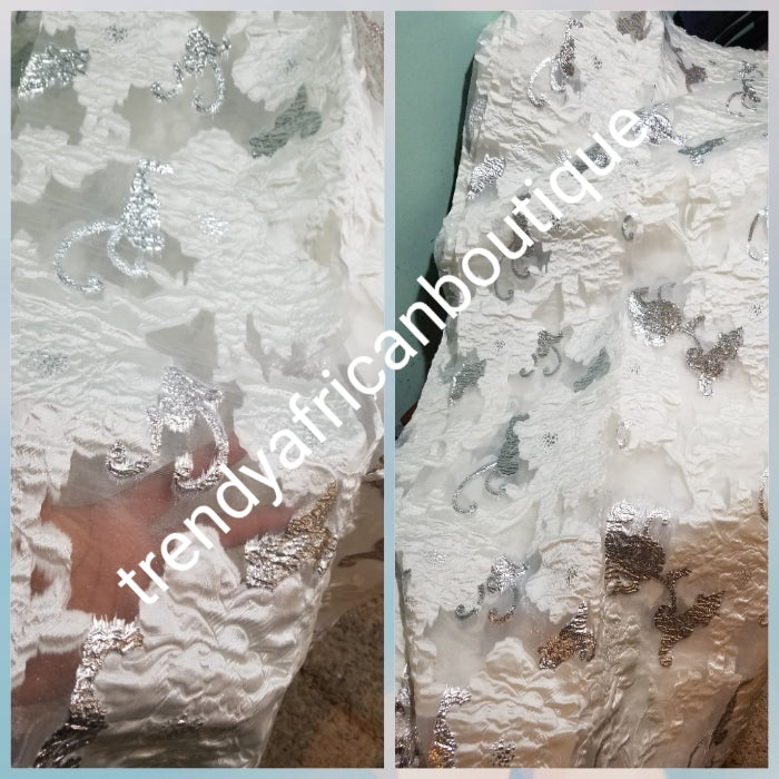 Beautiful pure white organza/ silver  french lace fabric latest design. Sold per 5yds. Nigerian/African french lace for making party outfit. Soft texture, luxurious design