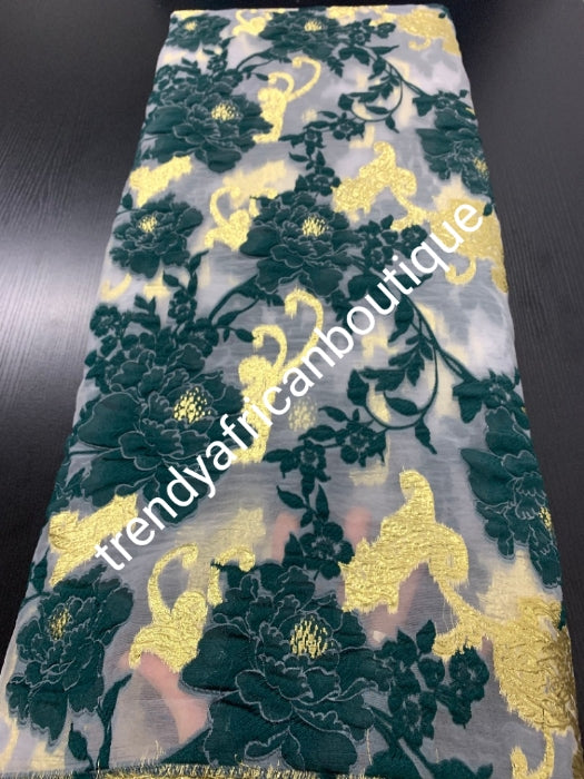 Beautiful  emerald green organza  french lace fabric/gold lurex.  latest design. Sold per 5yds. Nigerian/African french lace for making party outfit. Soft texture, luxurious design