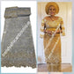 Ready to Ship: Bonus sale with matching aso-oke gele.  Ash/Gray Niger/Igbo Traditional Bridal outfit- quality  net George wrapper embellished with dazzling Crystals all over. 2 wrapper + 1.8yds net for blouse.  Model is wearing Gold color