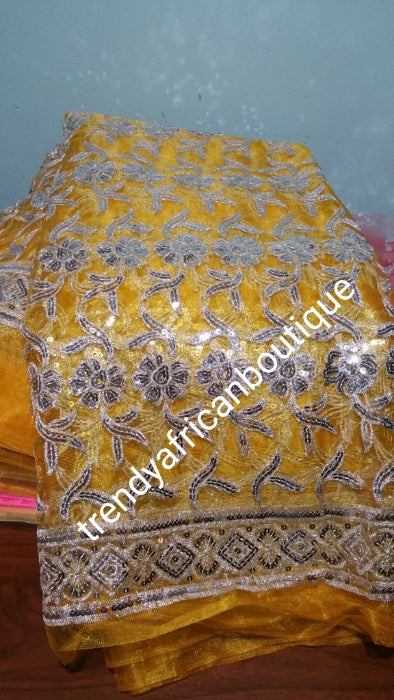 Clearance: Mustered yellow/silver sequence net French lace fabric for making Blouses for wrapper or dresses. Igbo/Delta/Edo women blouse fabric. This is about 2yrds total piece for sale. Can be use to combination style. 4.8yds. Lenght is left