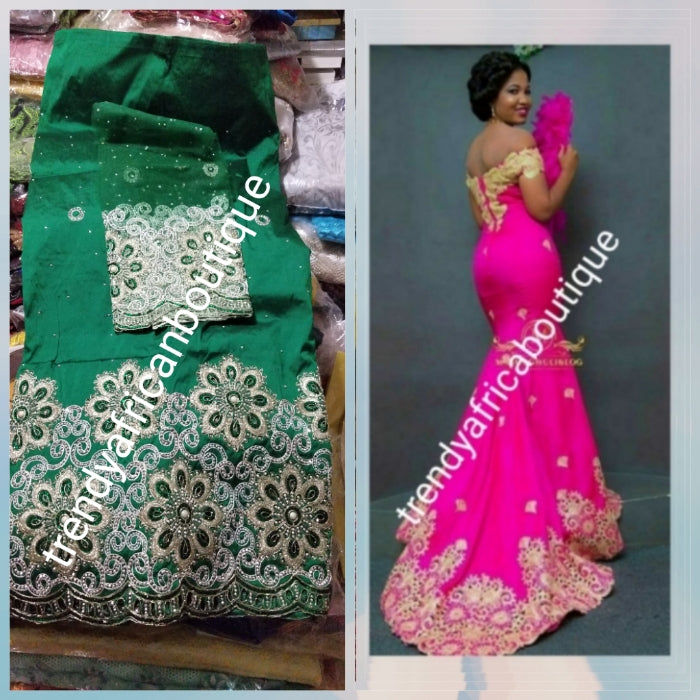 Sale: New arrival Nigerian Tranditional wedding George wrapper. Embellished with quality dazzling beads/crystal stones. Classic Nigerian Green. Full 5yds + 1.8yds matching blouse + free headtie. Indian-George. Model shown wearing similar fabric