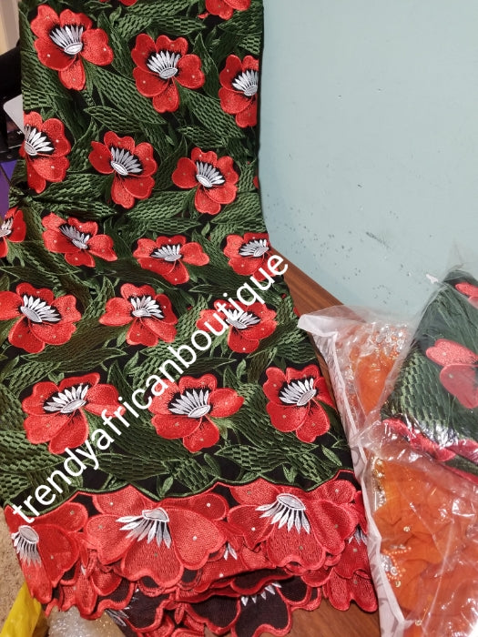 Superior quality swiss lace fabric Olive green/red/white multi color.  Nigerian traditional celebrant Swiss quality embriodery lace. soft beautiful design. Sold per 5yds
