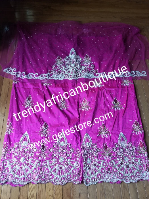 Ready to ship: luxurious Quality taffeta Silk George wrapper. Fuschia pink Nigerian Bridal beaded and crystal stoned George wrapper. Sold as  2 wrapper + 1.8yds Net for blouse. Niger/delta/Igbo traditional bridal outfit. Model shown wearing magenta color