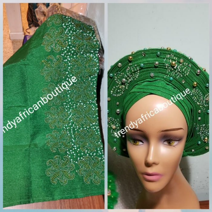 Sweet Green bedazzled Aso-oke for making  latest stylish Gele (headtie). Latest design of Nigerian Traditional aso-oke. Excellent quality. Extra wide width aso-oke for big head tie