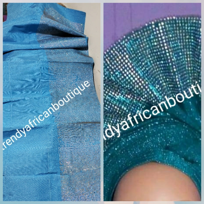 Classic turquoise blue Bedazzled aso-oke. Nigerian woven traditional Aso-oke for making  beautiful head wrap. Beaded and Swarovski stones work for perfect headwrap finish. Gele only. Extra wide gele for bigger head wrap. 72" long × 26" wide