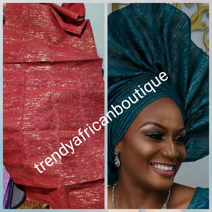 Latest metalic  glitter  aso-oke in wine with gold color glitter Gele only extra wide width for making latest stylish Nigerian traditional head wrap.
