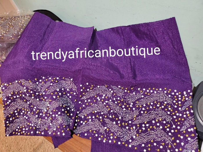 Classic purple Bedazzled aso-oke. Nigerian woven traditional Aso-oke for making  beautiful head wrap. Beaded and Swarovski stones work for perfect headwrap finish. Gele only. Extra wide gele for bigger head wrap. 72" long × 26" wide