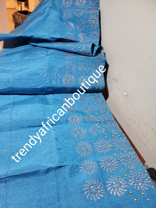 Turquoise blue Bedazzled aso-oke. Nigerian woven traditional Aso-oke for making  stylish head wrap. Beaded and Swarovski stones work for perfect headwrap finish. Gele only. Extra wide gele for bigger head wrap. 72" long × 26" wide