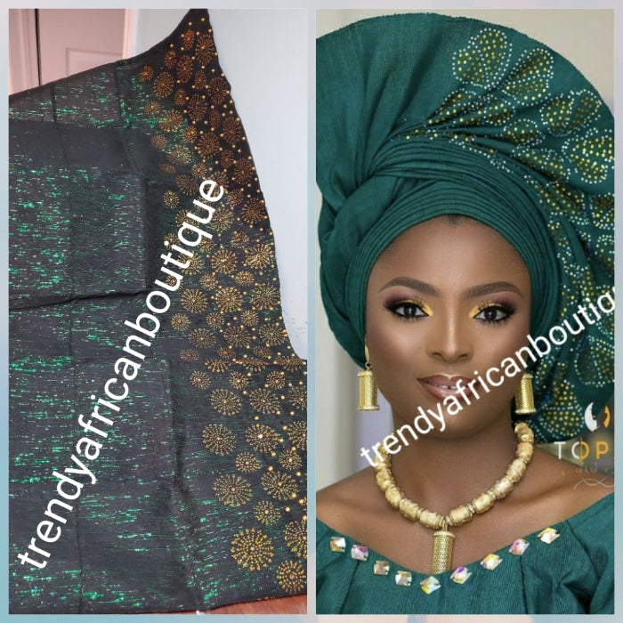 Classic Green metallic Bedazzled aso-oke. Nigerian woven traditional Aso-oke for making  stylish head wrap. Beaded and Swarovski stones work for perfect headwrap finish. Gele only. Extra wide gele for bigger head wrap. 72" long × 26" wide