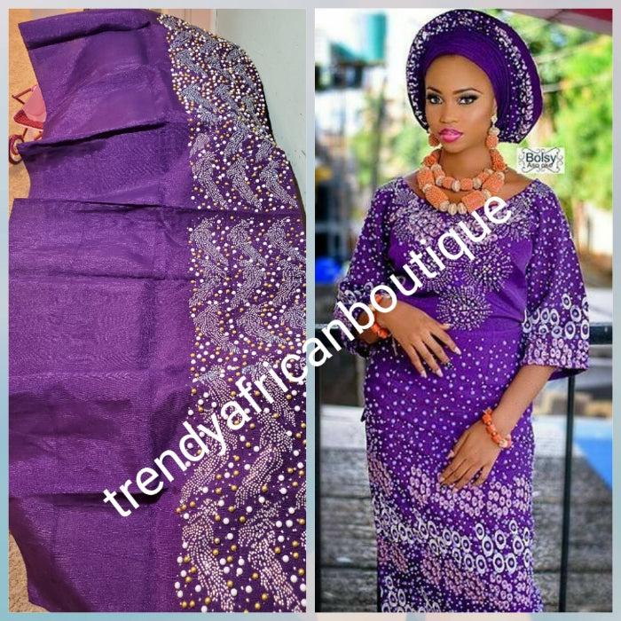 Classic purple Bedazzled aso-oke. Nigerian woven traditional Aso-oke for making  beautiful head wrap. Beaded and Swarovski stones work for perfect headwrap finish. Gele only. Extra wide gele for bigger head wrap. 72" long × 26" wide