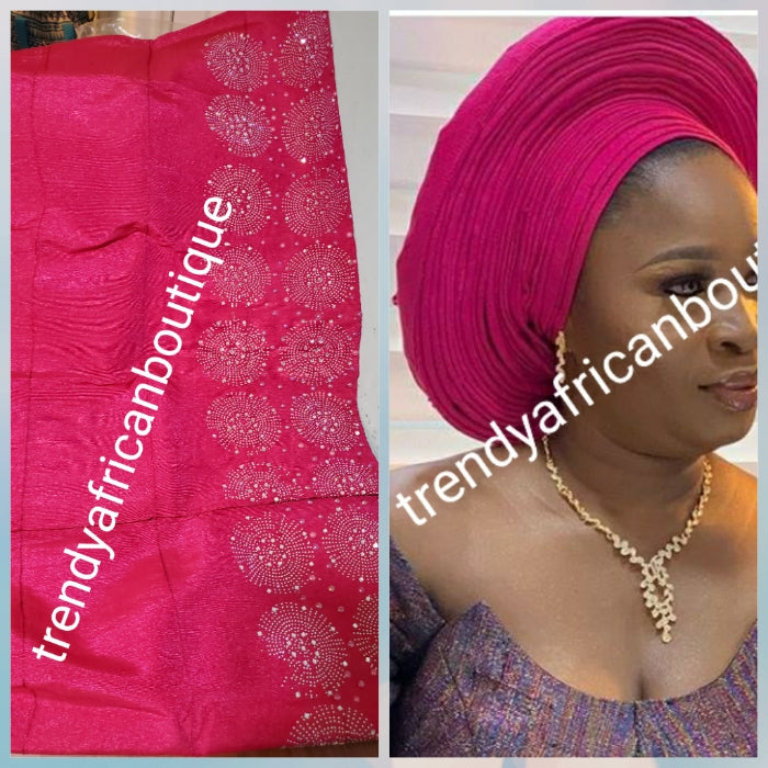 Cool fuschia pink Bedazzled aso-oke. Nigerian woven traditional Aso-oke for making  beautiful head wrap. Beaded and Swarovski stones work for perfect headwrap finish. Gele only. Extra wide gele for bigger head wrap. 72" long × 26" wide