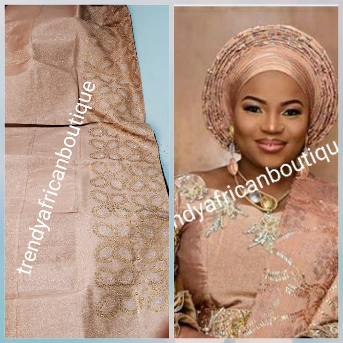 Sweet Rose Gold Bedazzled aso-oke. Nigerian woven traditional Aso-oke for making  beautiful head wrap. Beaded and Swarovski stones work for perfect headwrap finish. Gele only. Extra wide gele for bigger head wrap. 72" long × 26" wide