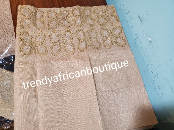 Sweet Rose Gold Bedazzled aso-oke. Nigerian woven traditional Aso-oke for making  beautiful head wrap. Beaded and Swarovski stones work for perfect headwrap finish. Gele only. Extra wide gele for bigger head wrap. 72" long × 26" wide