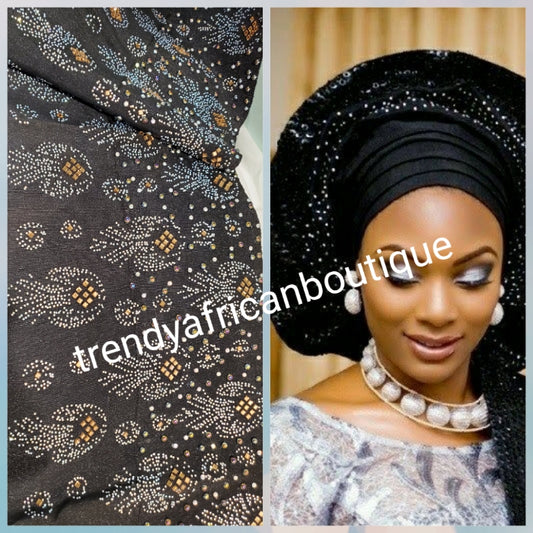 Ebony Black Bedazzled aso-oke. Nigerian woven traditional Aso-oke for making  beautiful head wrap. Beaded and Swarovski stones work for perfect headwrap finish. Gele only. Extra wide gele for bigger head wrap. 72" long × 26" wide