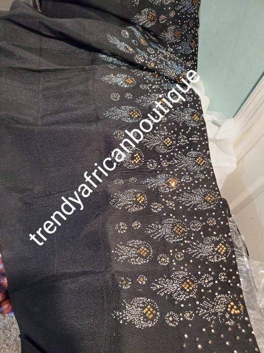 Ebony Black Bedazzled aso-oke. Nigerian woven traditional Aso-oke for making  beautiful head wrap. Beaded and Swarovski stones work for perfect headwrap finish. Gele only. Extra wide gele for bigger head wrap. 72" long × 26" wide