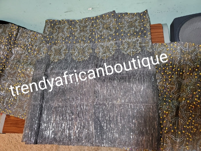 New arrival Gray/silver Beaddazzled Aso-oke  gele/ipele set. 4pc wide Gele with 90" long Ipele (shoulder shawl).. Price is for set.  Celebrant Aso-oke set from Nigeria. All over Swarovski stone work for special occasion