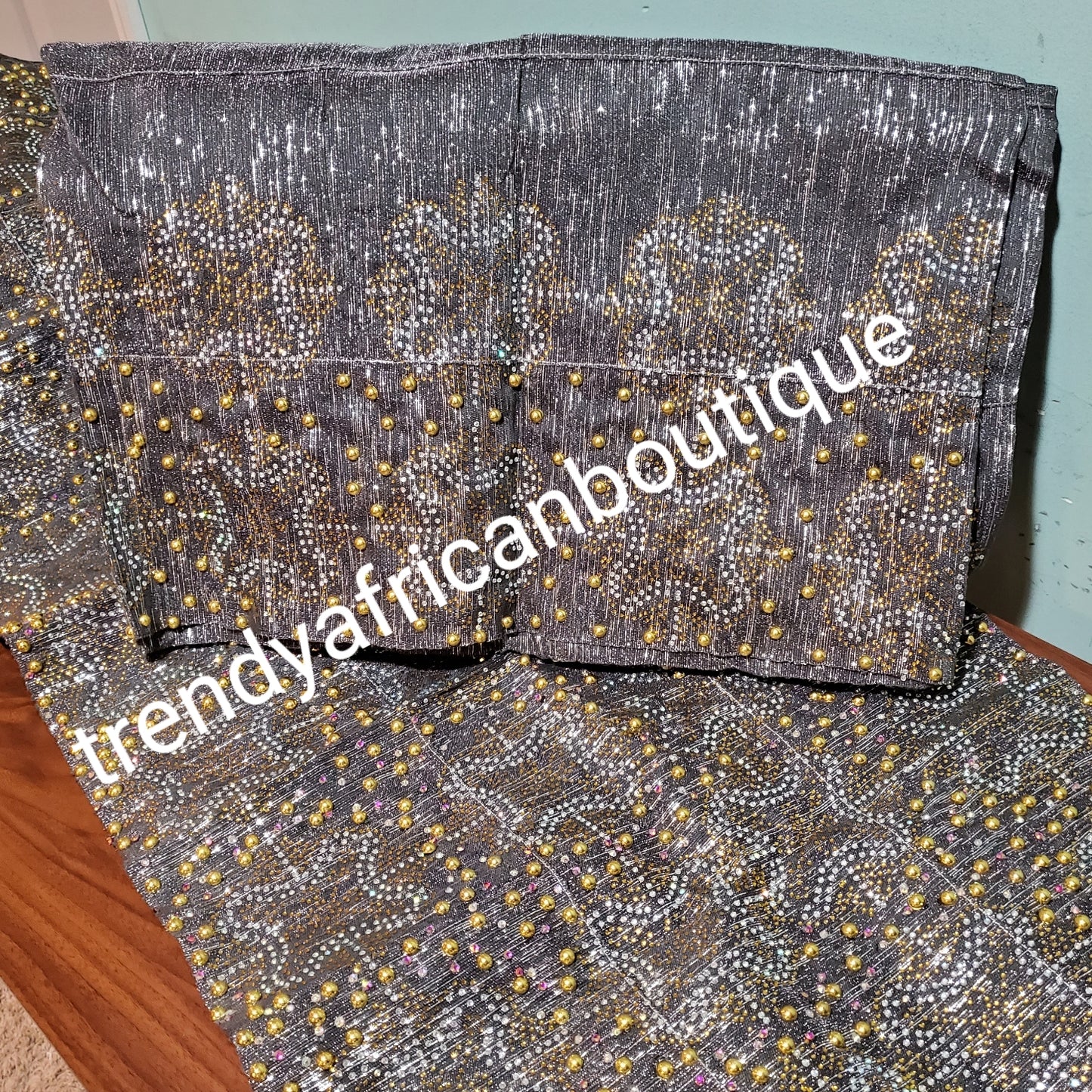 New arrival Gray/silver Beaddazzled Aso-oke  gele/ipele set. 4pc wide Gele with 90" long Ipele (shoulder shawl).. Price is for set.  Celebrant Aso-oke set from Nigeria. All over Swarovski stone work for special occasion