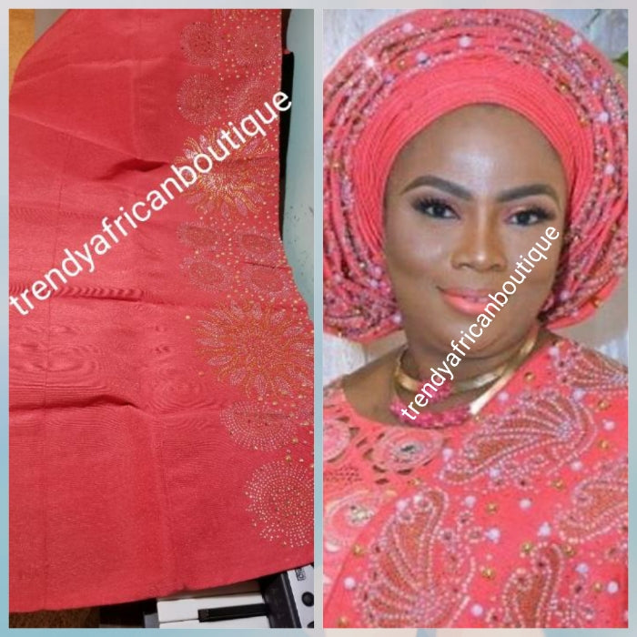 New arrival beautiful Coral Bedazzled Aso-oke Gele headtie.  4 wide for making  bigger gele. classic Latest design of Nigerian Traditional aso-oke. Original aso-oke + Stone work. Hand weave in Nigeria for best quality 72" long by 26" wide