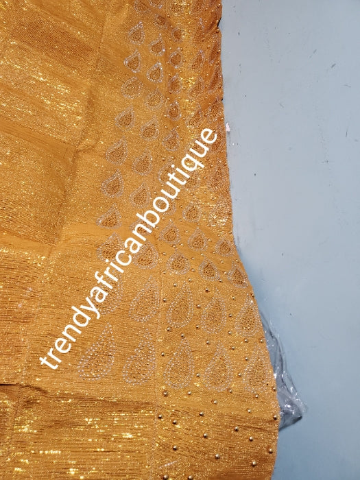 New arrival classic metallic Gold Bedazzled Aso-oke Gele headtie. 26 inch wide for making  bigger gele. classic Latest design of Nigerian Traditional aso-oke. Original aso-oke + Stone work. Great texture and easy to make into stylish gele